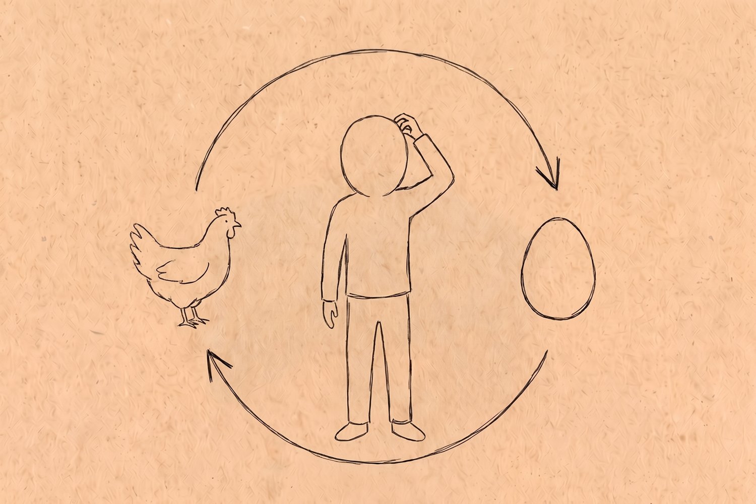 A person standing between a hen and an egg, scratching their head, with a looping arrow circling endlessly between the two