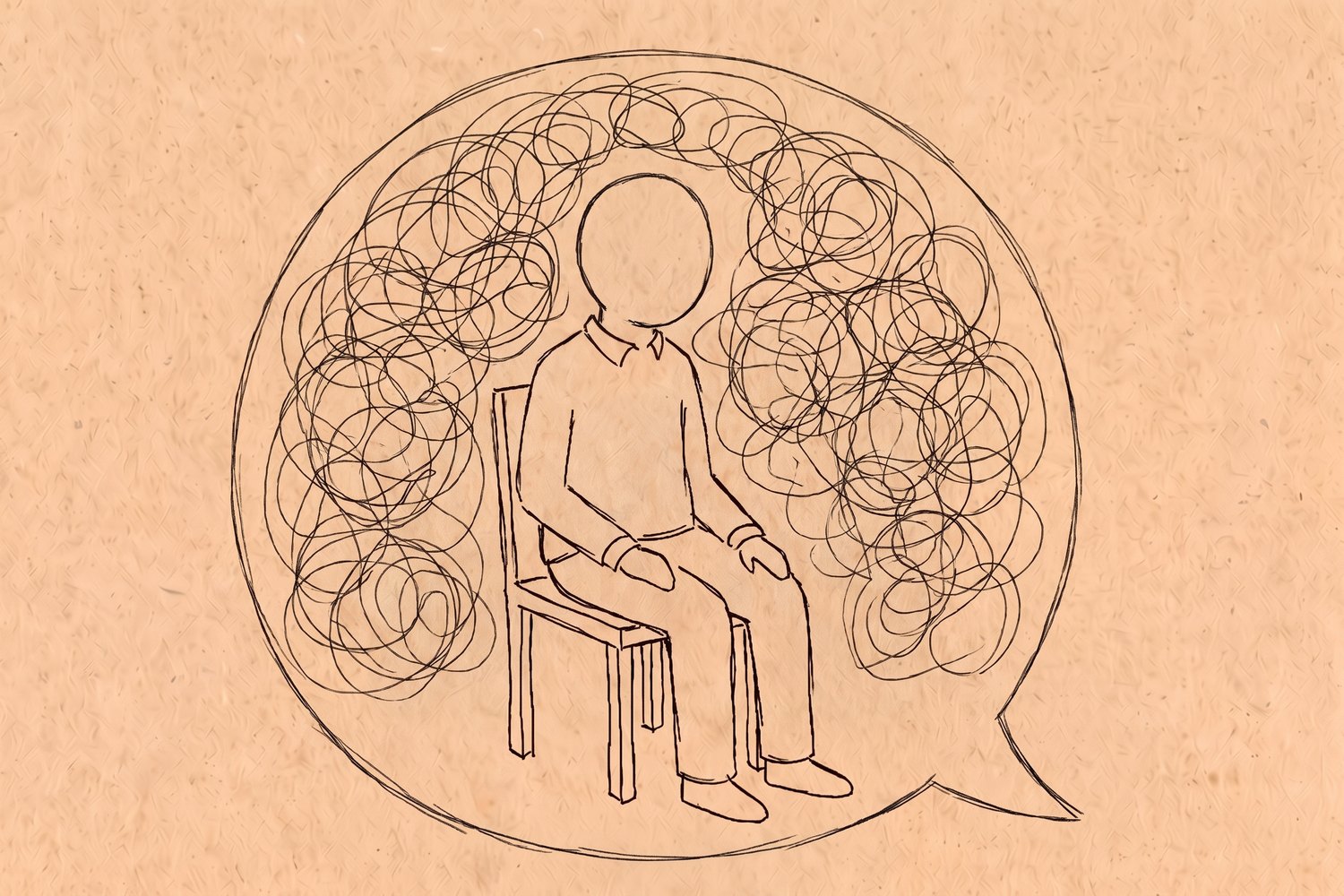 A person sitting on a chair, enclosed by one large speech bubble, with the space around them filled with tangled scribbles