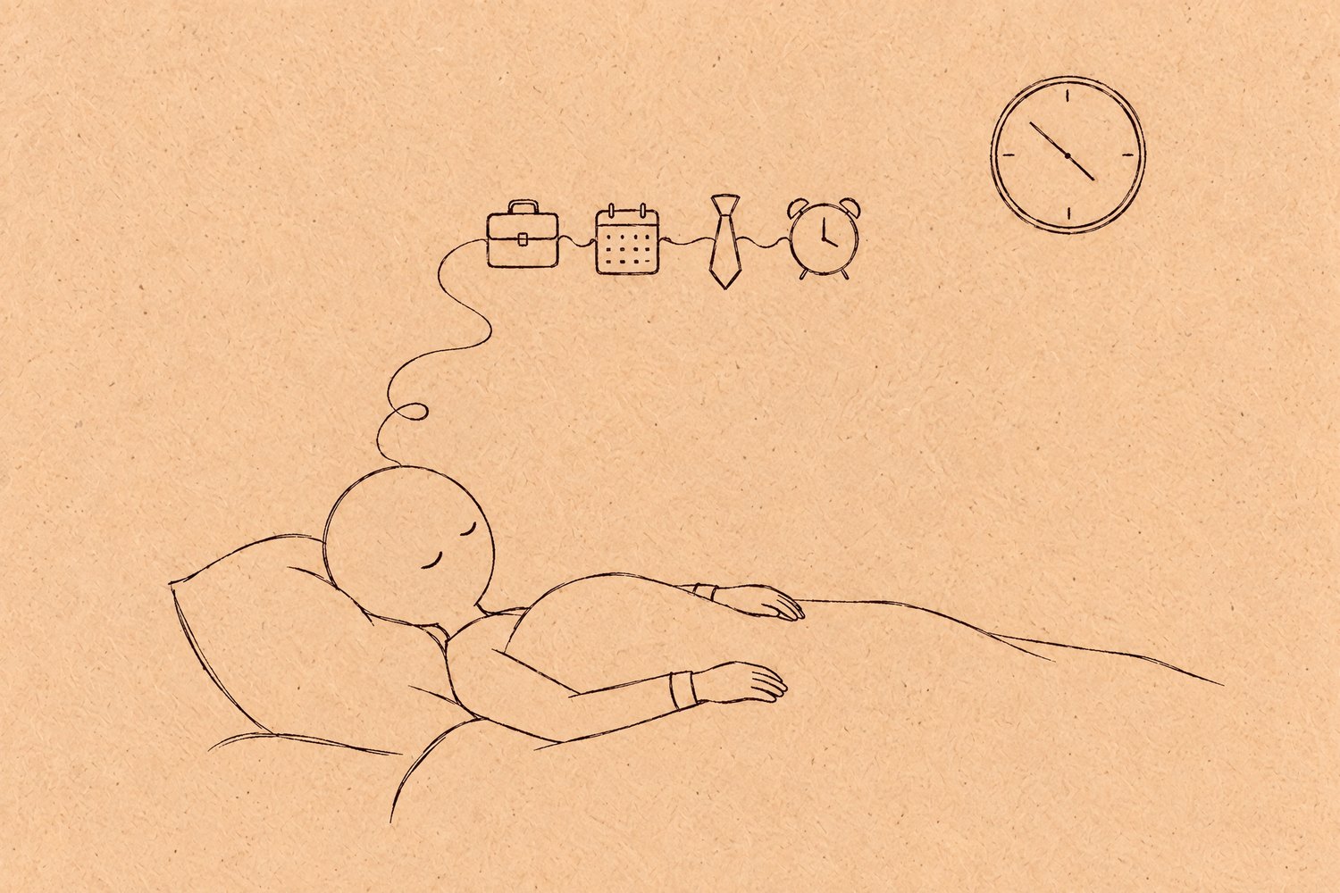 A faceless person lying in bed, with a thin line rising from their head and linking a briefcase, a calendar, a necktie and an alarm clock in a row, and a wall clock hanging above