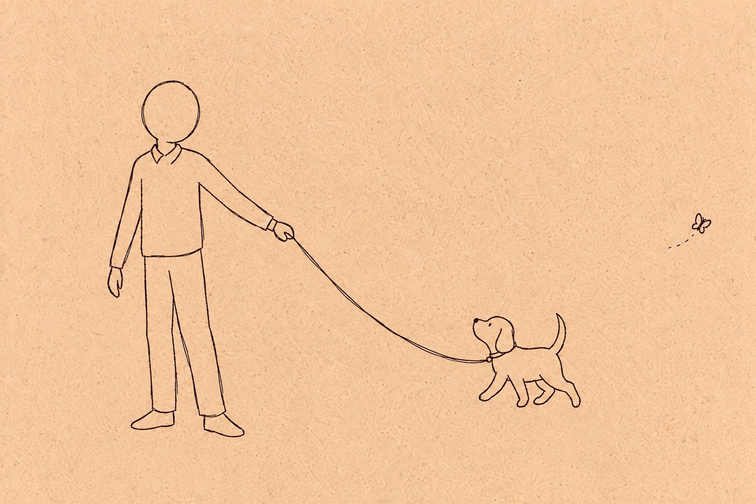 A faceless person holding a thin leash, gently calling a puppy back toward them after it chased a butterfly away