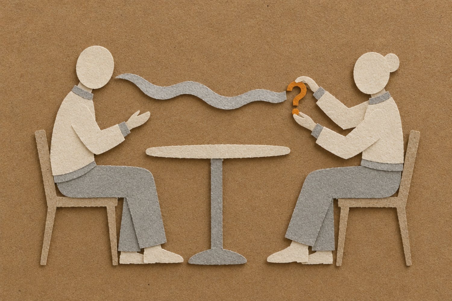 A grey paper ribbon runs from one faceless figure's mouth, and at its end the other person is attaching a single orange paper question mark