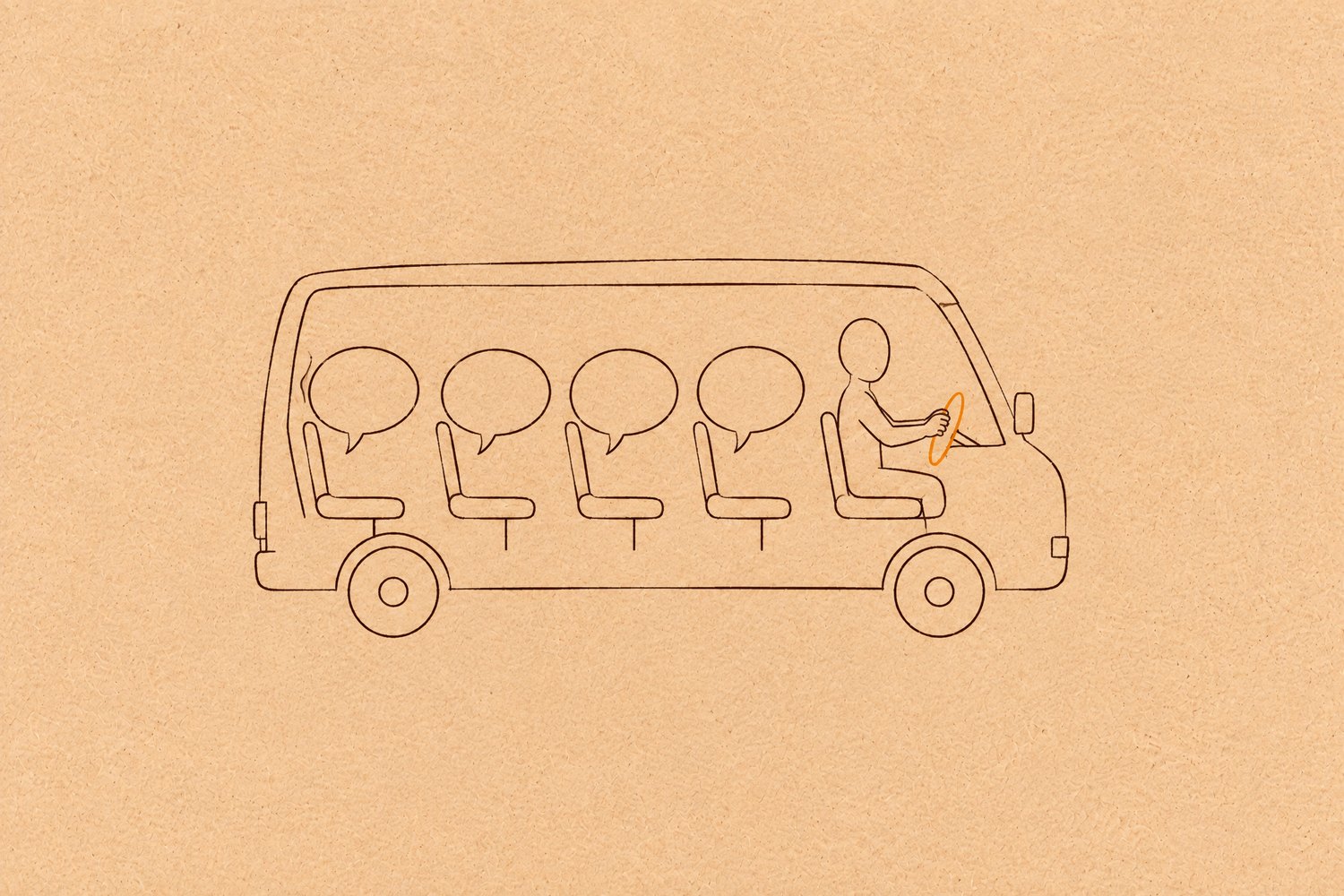 A small bus seen from the side. In the four passenger seats, empty speech bubbles sit like passengers, and at the front a faceless driver holds an orange steering wheel with both hands, facing the road