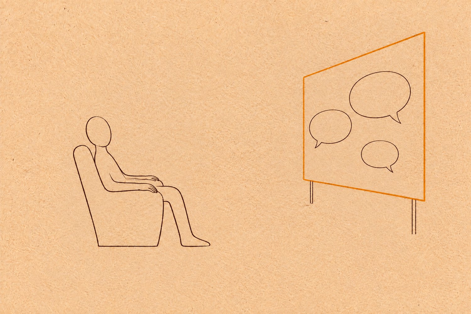A faceless figure leans back comfortably in an armchair on the left; some distance away on the right stands a screen with an orange frame, showing three empty speech bubbles
