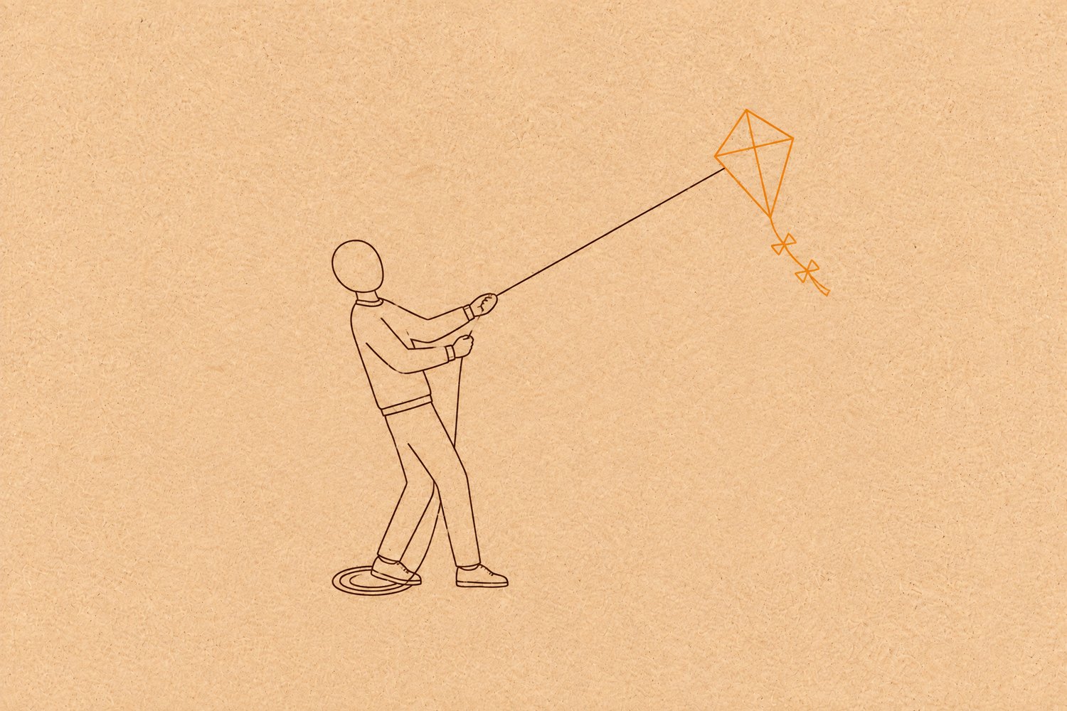 Line drawing of a faceless person leaning back and pulling in a kite string hand over hand, with an orange kite in the distance and coiled string at their feet — bringing wandering attention back.
