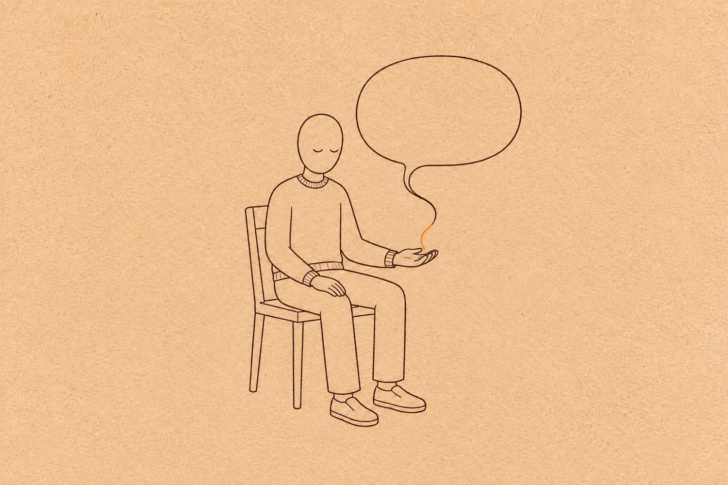 Line drawing of a faceless person sitting on a plain wooden chair with eyes closed. A large empty speech bubble floats beside them, and the end of its long tail, in orange, has just slipped off their open palm — the thought is still there, they've only let go of it.