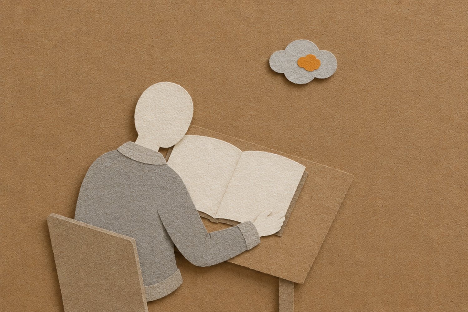 A faceless person sits reading an open book while a small grey cloud with one orange paper patch floats outside the book, away from the reader, in a paper collage