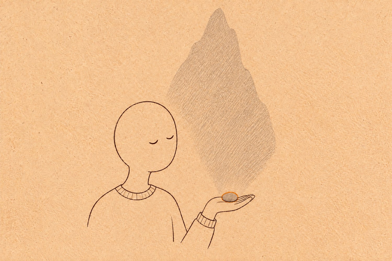 A small grey pebble resting on an open palm casts a mountain-sized shadow that rises far above the person holding it
