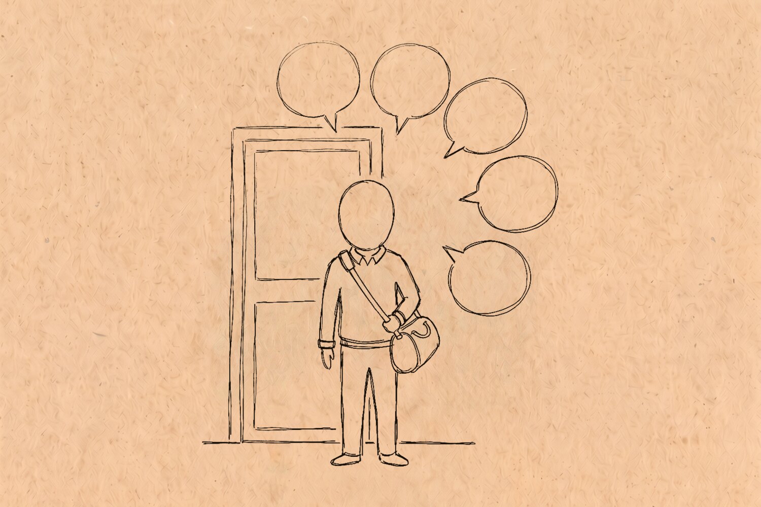 A person standing at a door with a gym bag over one shoulder, five empty speech bubbles crowded on one side of their head