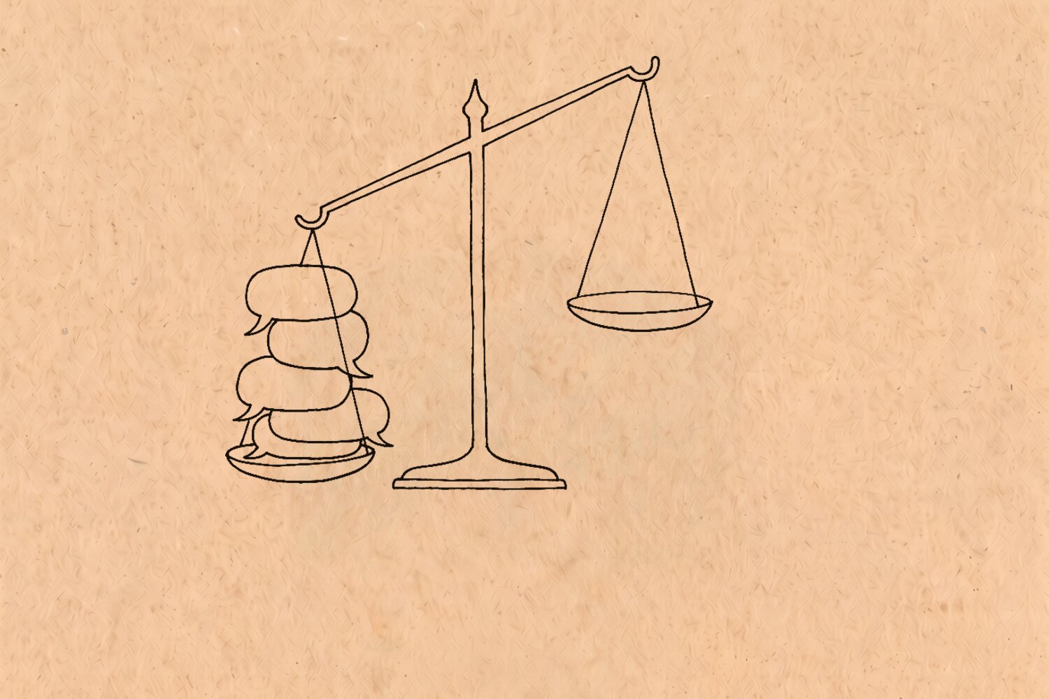A balance scale with five stacked speech bubbles weighing one pan all the way down, the other pan empty and tipped up