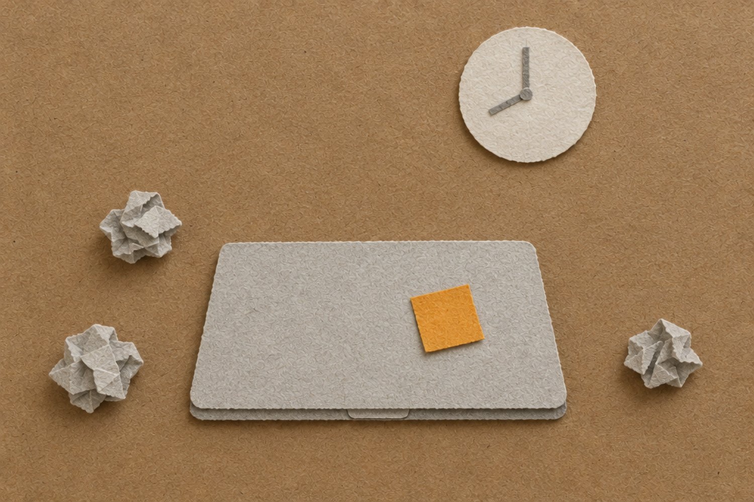Under a wall clock pointing to 8, a single orange sticky note sits on a closed laptop, surrounded by crumpled balls of gray paper