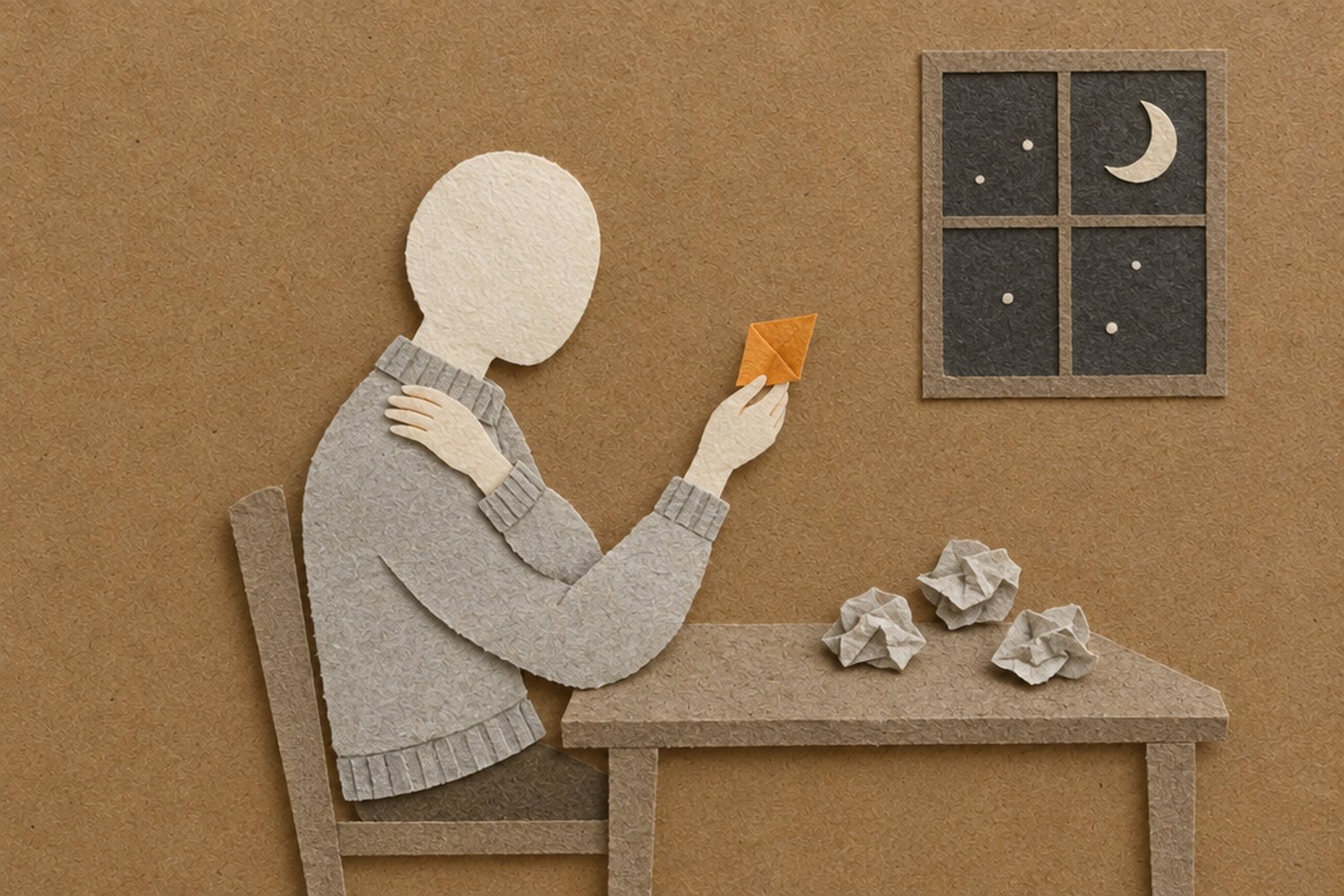 At a desk by a window at night, a faceless figure rests one hand on their own shoulder and holds a single orange note in the other. Crumpled balls of gray paper lie on the desk
