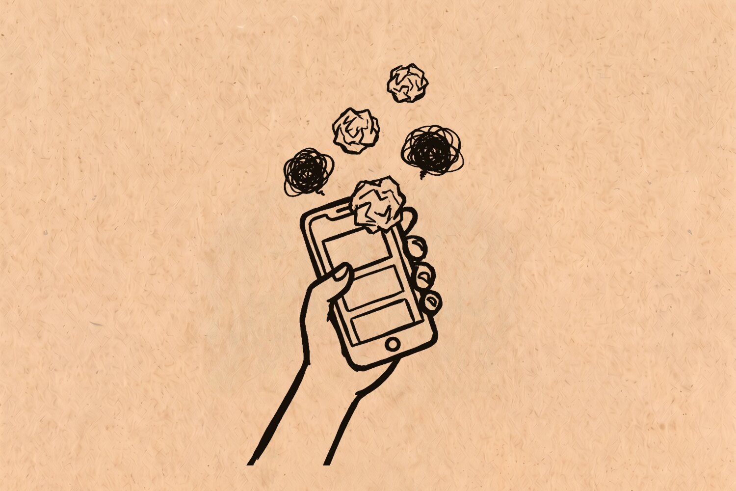 Line drawing of crumpled paper and tangled scribbles spilling out of a phone screen