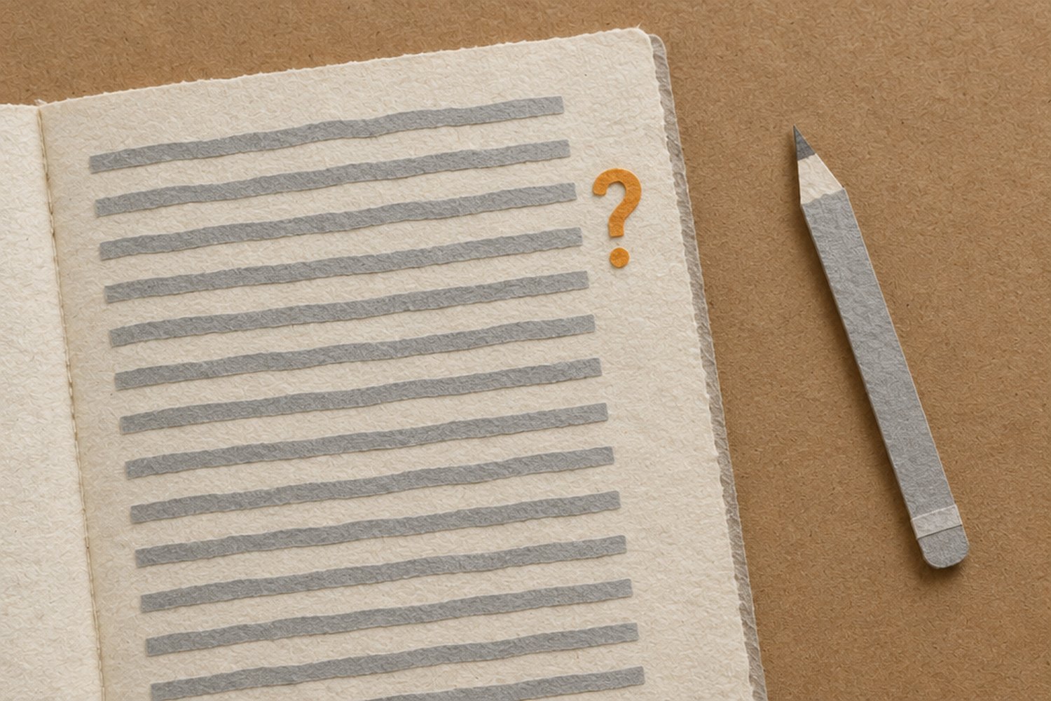 A paper-collage notebook page with rows of notes running all the way down, a single orange paper question mark in the margin beside one of the early rows, and a pencil lying beside it