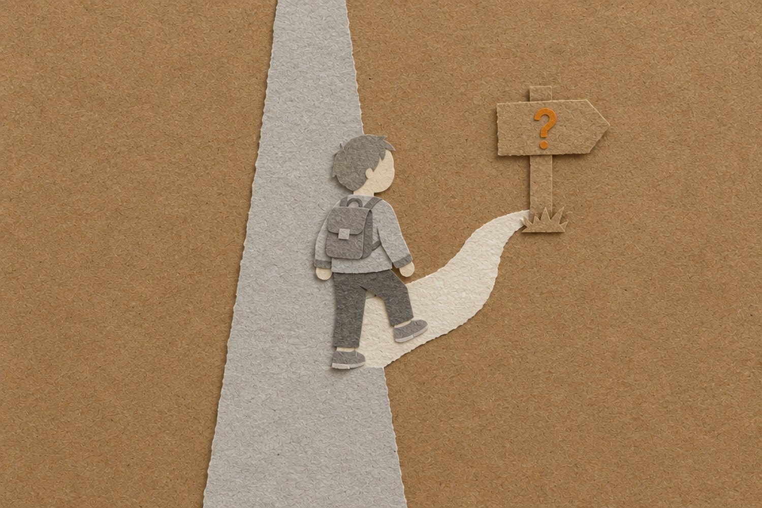 A paper-collage child with a backpack and no face, standing on a wide grey road and stepping onto a narrow side path that branches off to the right, where a signpost carries an orange question mark