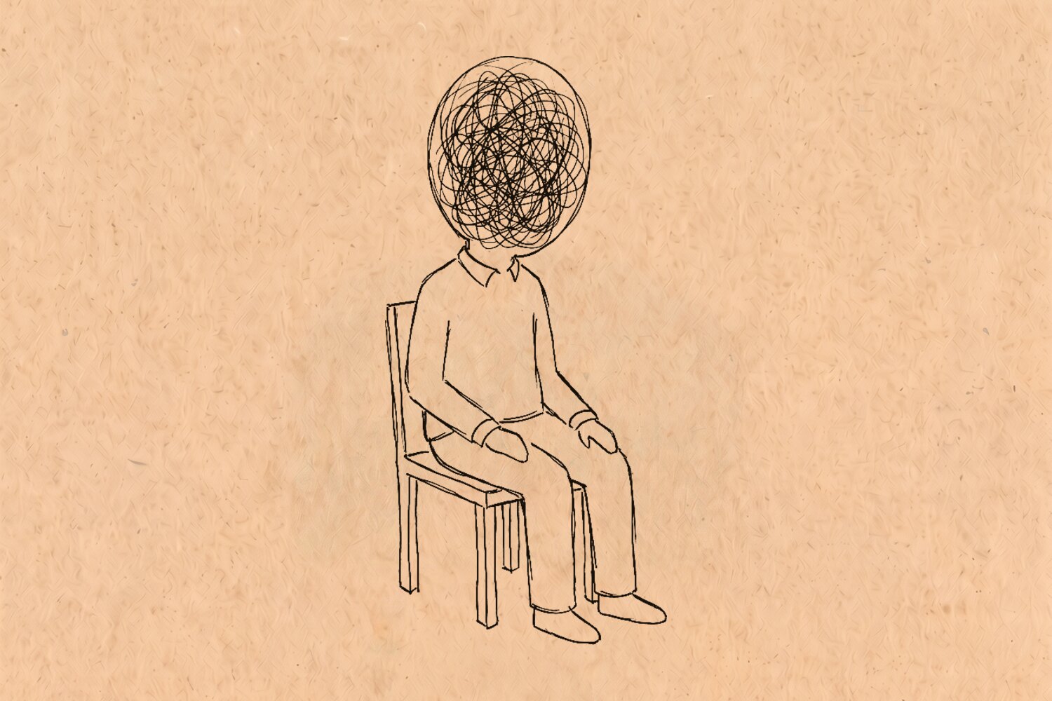 A person sitting still on a chair — body and chair drawn in clean lines, while the inside of the head is packed solid with tangled scribbles
