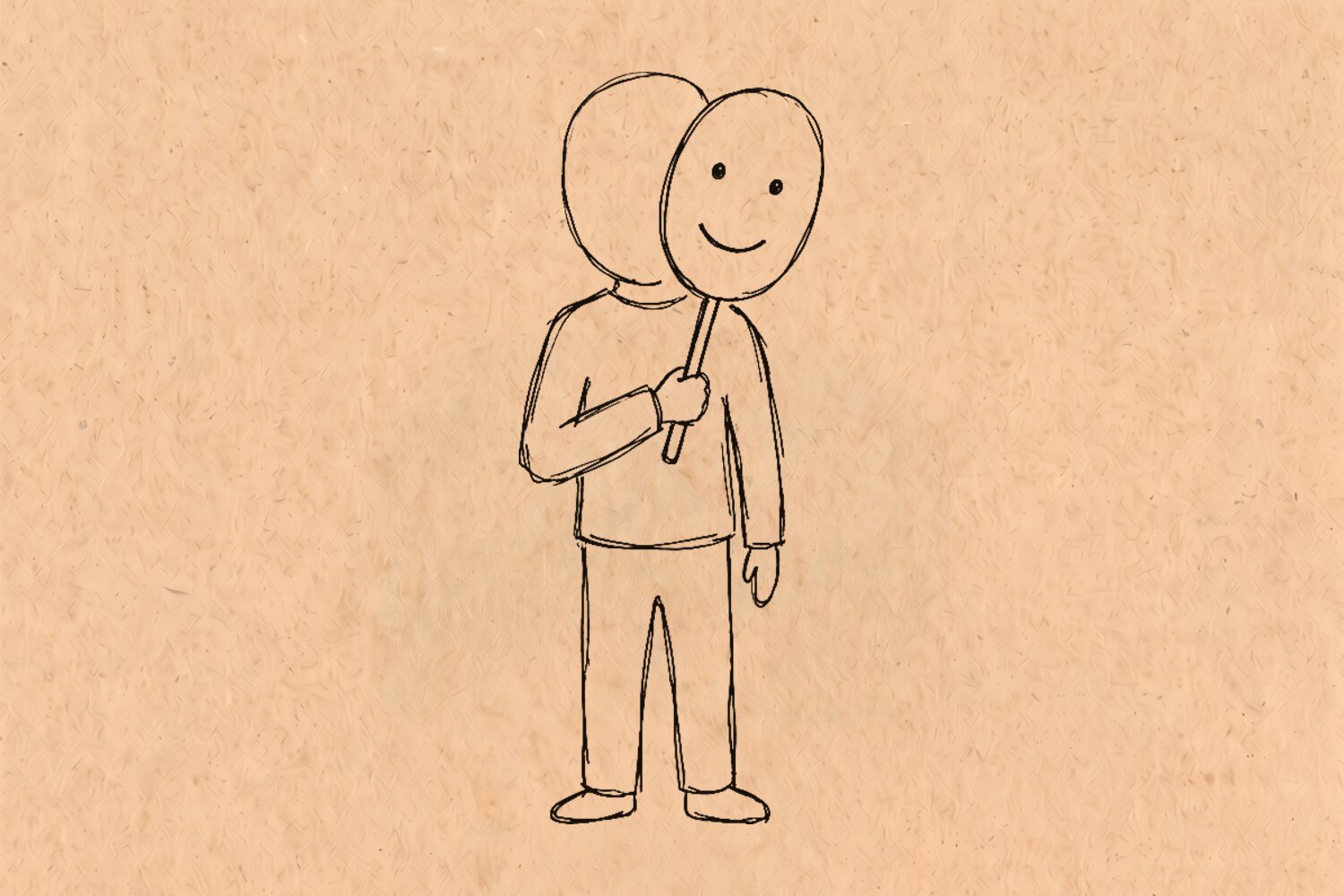 A person holding a smiling mask up in front of their own blank face — the only expression in the drawing is on the mask