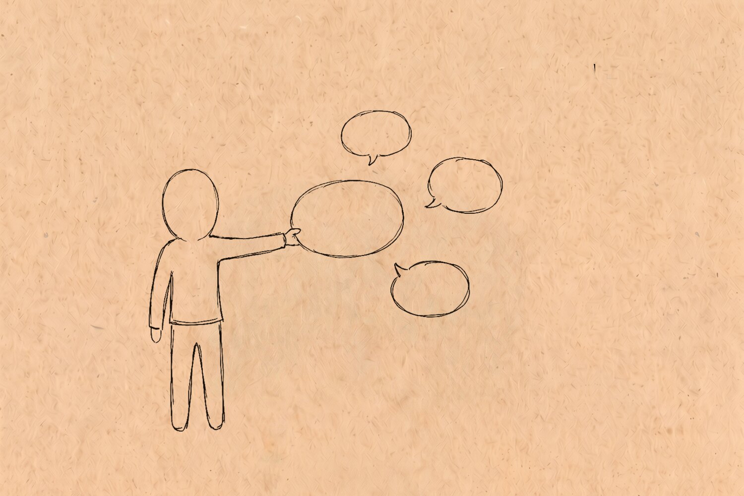 A person holding one thought bubble out at arm's length, looking at it — the distance between the thought and the person