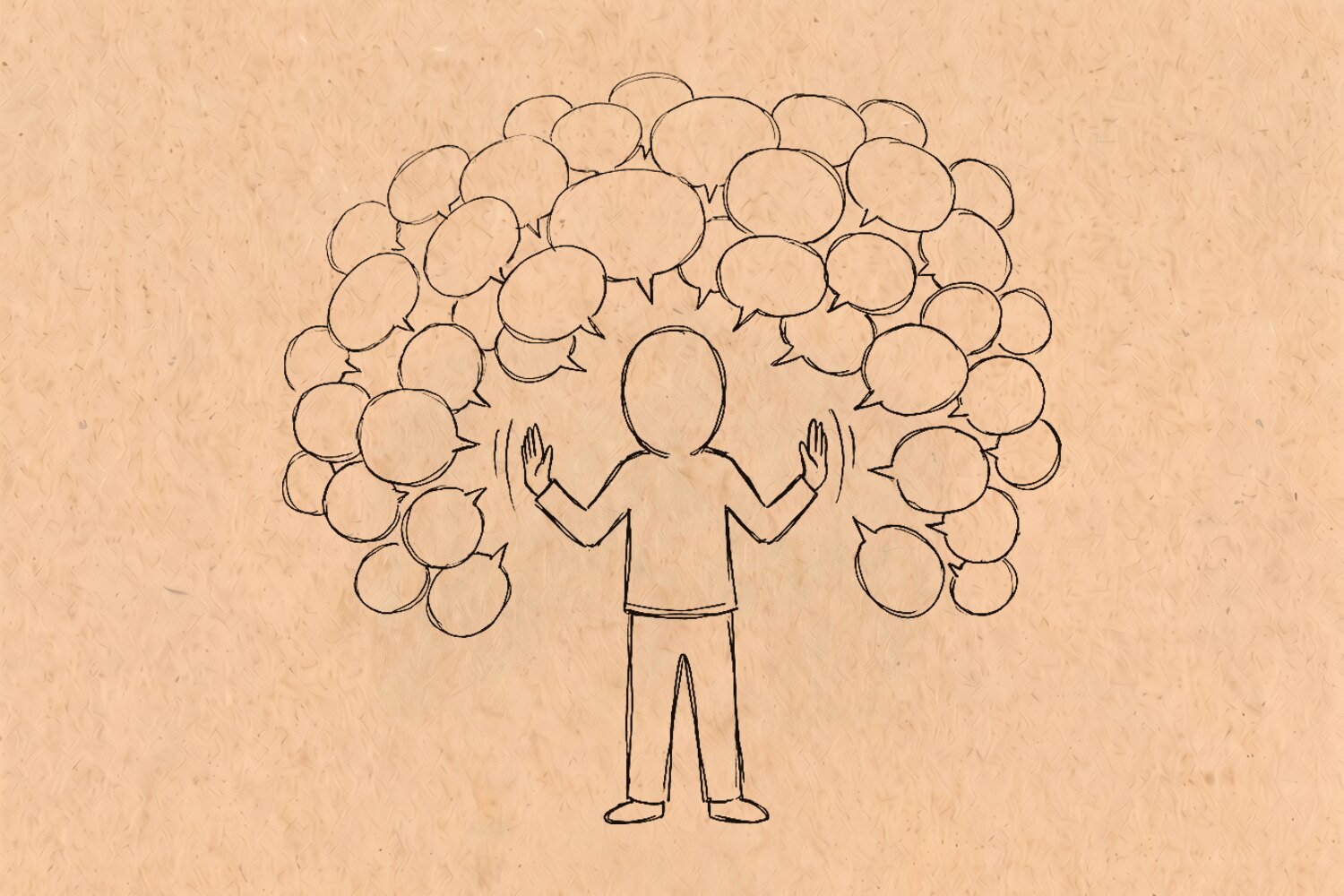 A person pushing thought bubbles away with both hands while even more bubbles pile up above their head