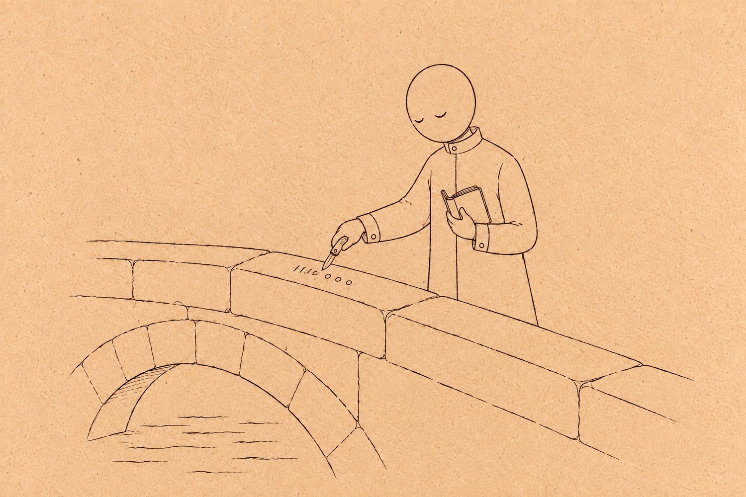 A faceless figure at the parapet of a stone bridge, holding a small notebook to the chest with one hand and scratching short marks into the stone with a pocketknife in the other; an arch and a few water lines below, in thin hand-drawn ink