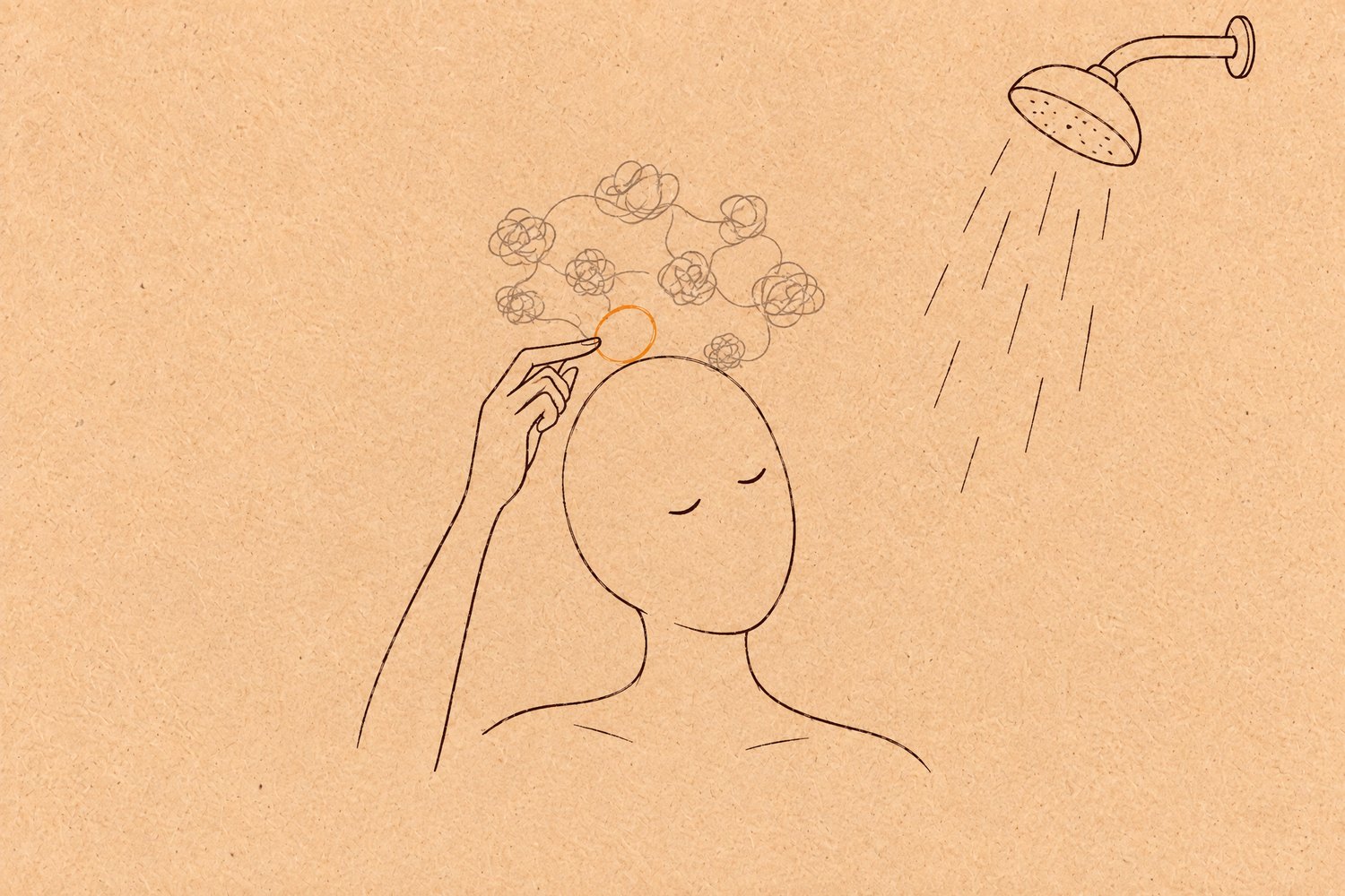 A faceless figure under a shower head, with a cluster of grey thought fragments floating above the head; one fragment just above the forehead is drawn as an amber-orange loop, and the figure's index finger is touching it
