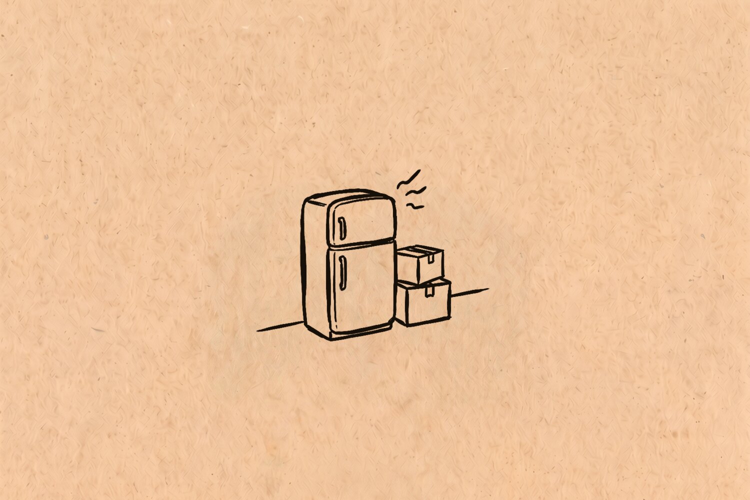 Line drawing of a refrigerator and two moving boxes in an empty room