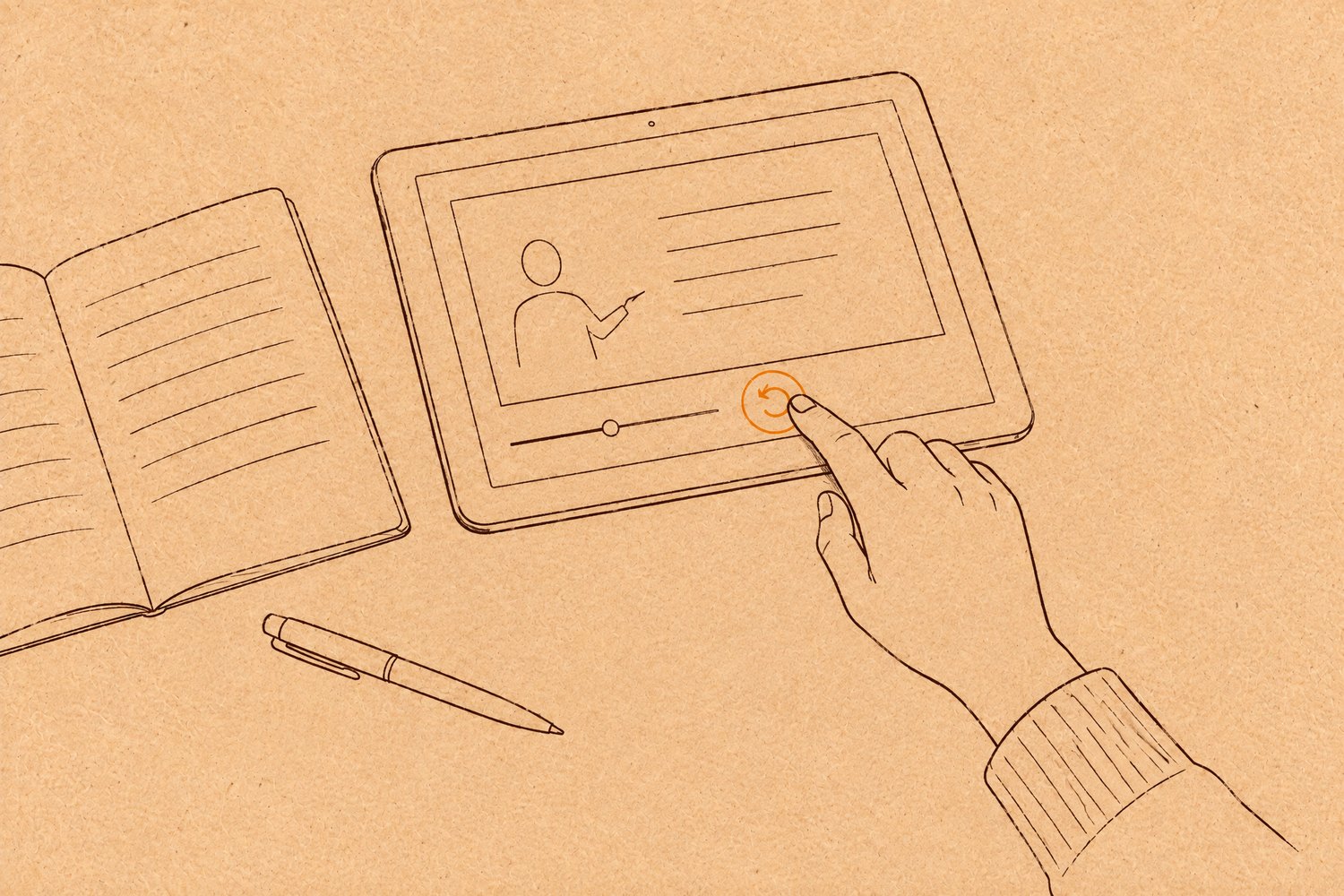 An open notebook and a pen on a desk beside a tablet playing a lecture video; one hand's index finger presses the orange rewind button above the progress bar, in thin hand-drawn ink