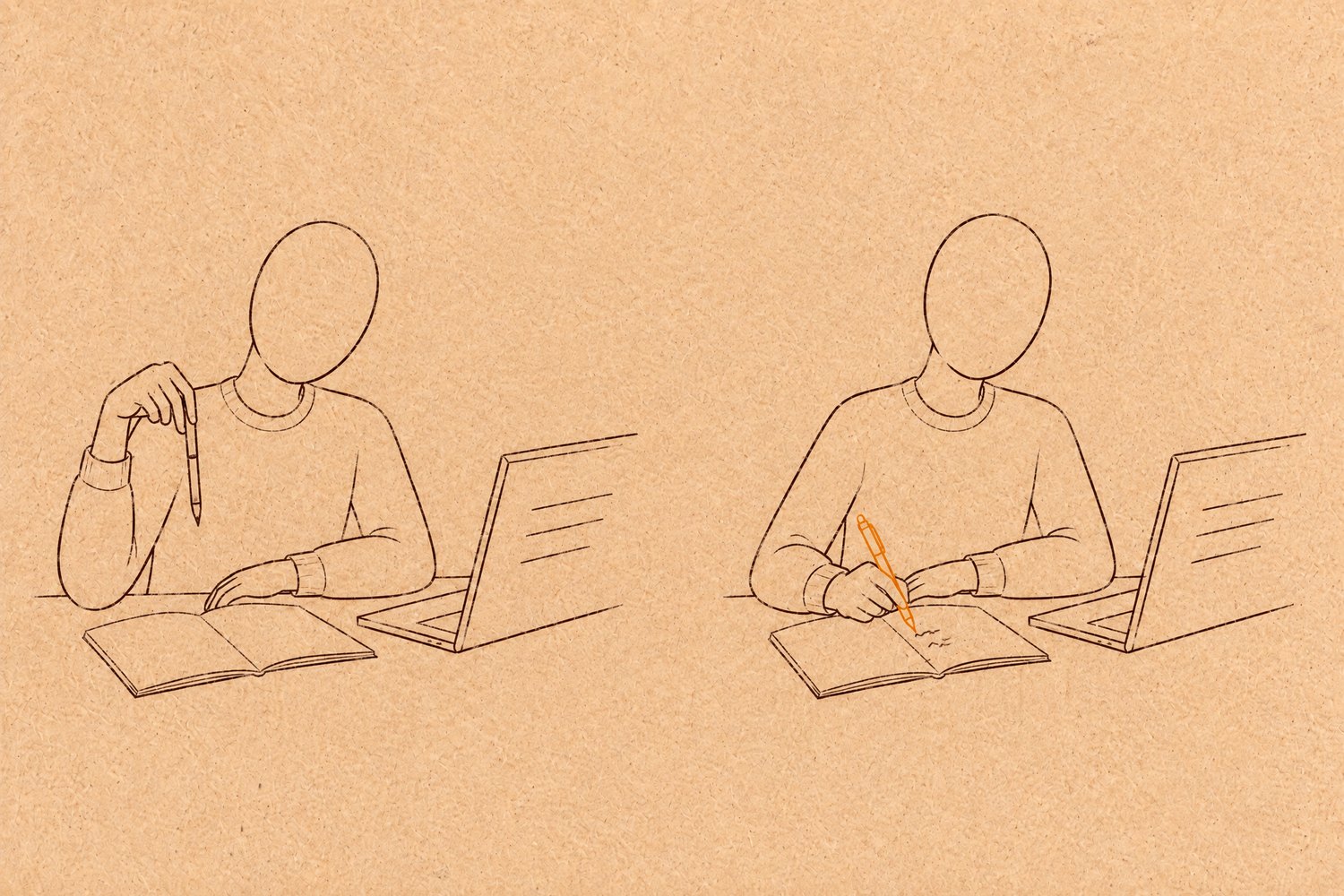 The same faceless student drawn twice. On the left, sitting at a laptop lecture with head tilted and a pen dangling in mid-air over a blank notebook. On the right, in the same seat, sitting upright and taking notes with an orange pen, in thin hand-drawn ink