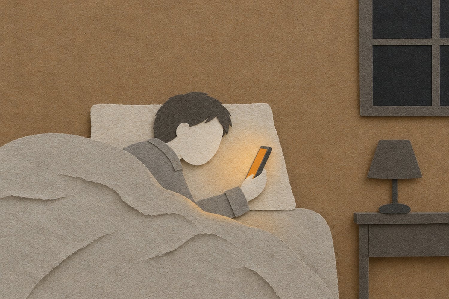 A dark bedroom at night with the lamp switched off and a dark window. A faceless person lies on their side under a grey blanket, looking at the phone in their hand. Only the phone screen glows orange