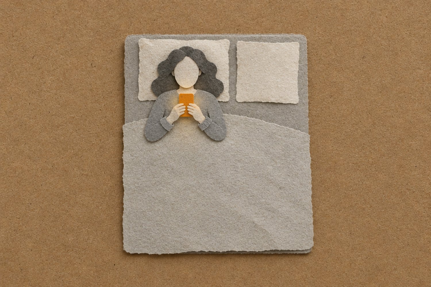 A bed seen from above. A faceless person lies on their back with the blanket pulled up to their chest, holding a phone in both hands. The pillow beside them is empty, and only the phone screen glows orange