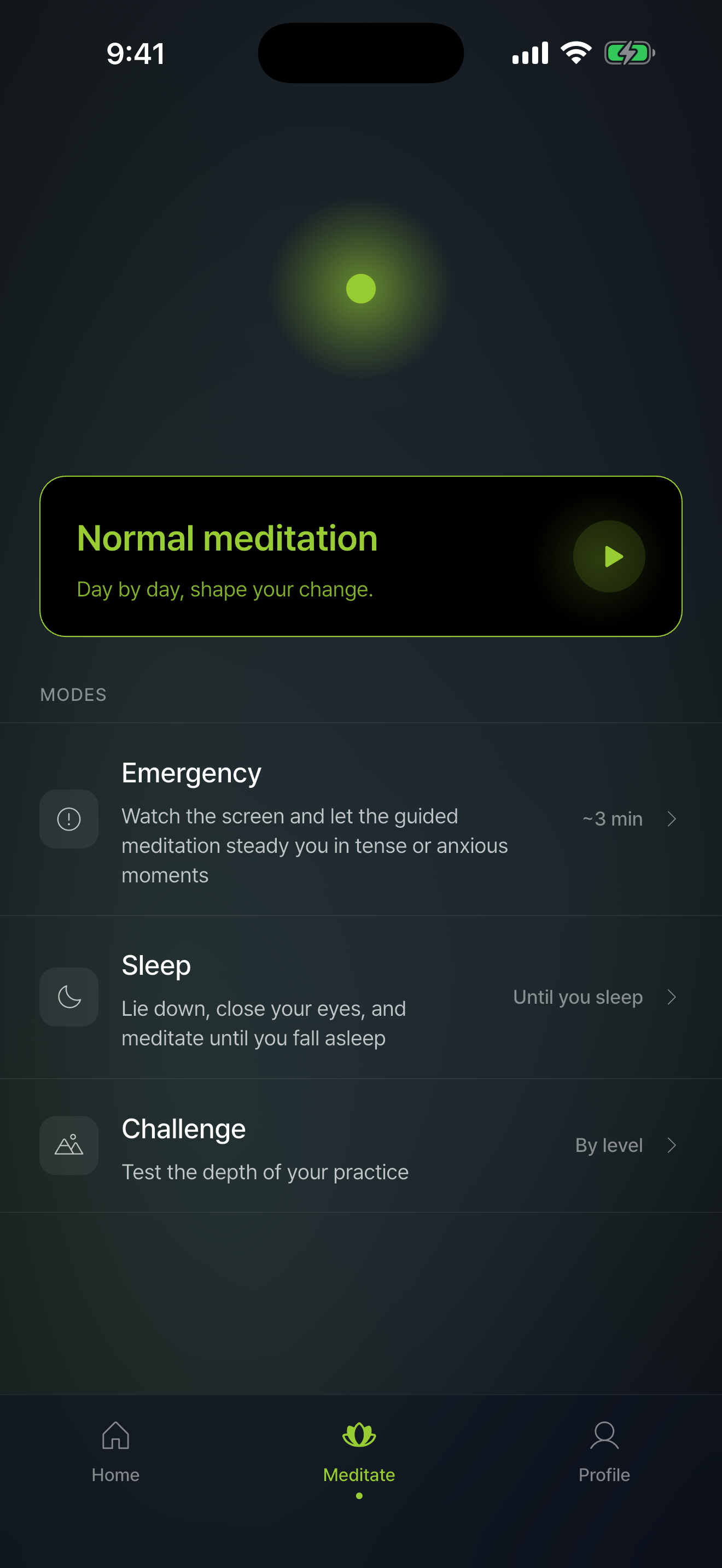 Meditation modes screen