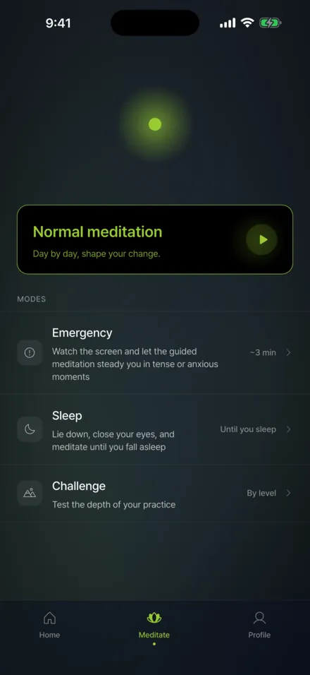 Meditation modes screen