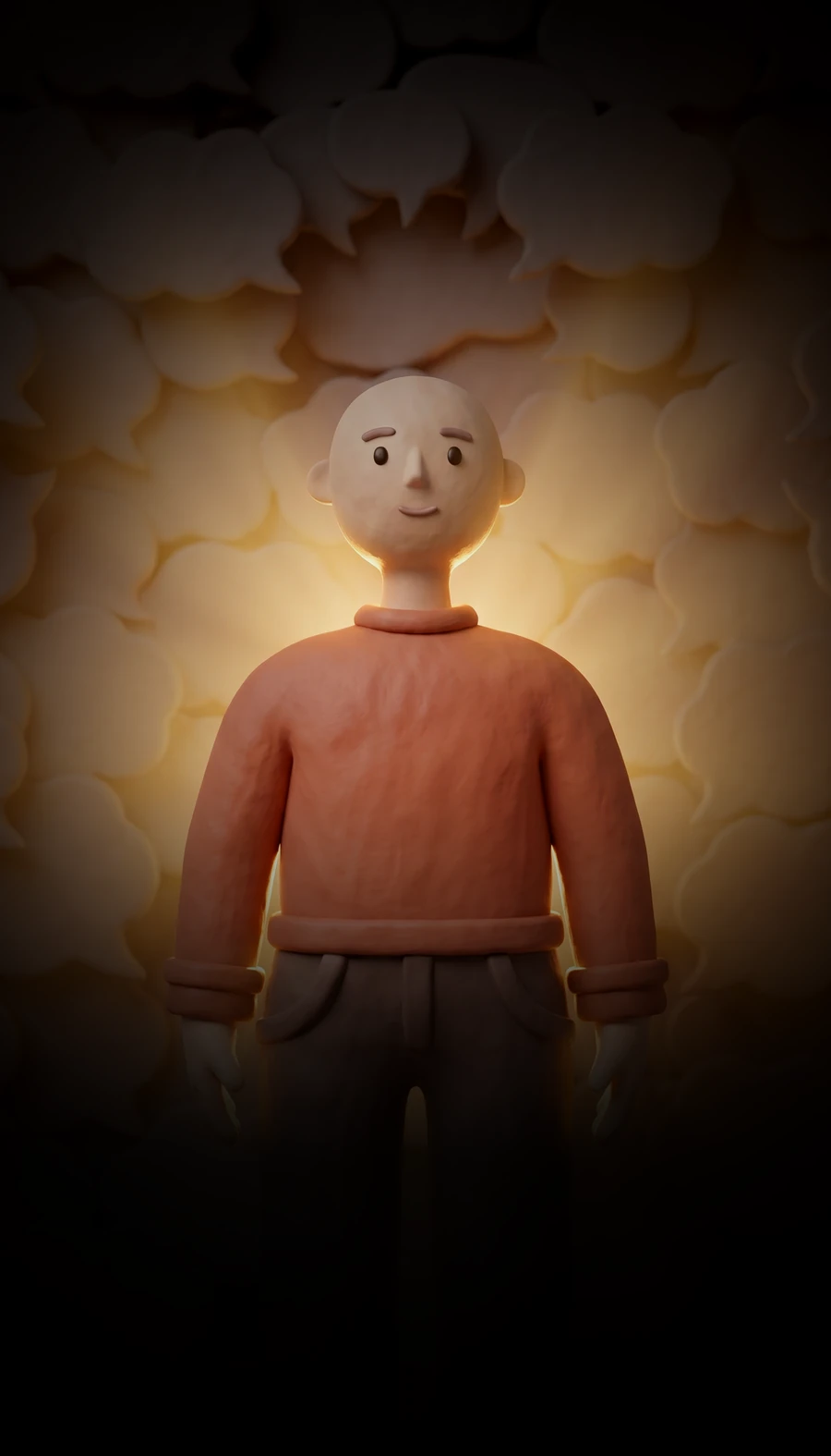 A clay figure standing in front of a wall of thought bubbles.
