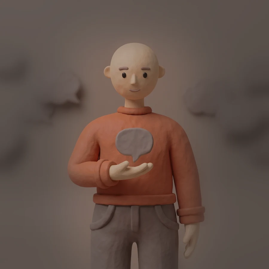 A clay figure looking at a single thought bubble resting on his open palm, the other bubbles far behind him