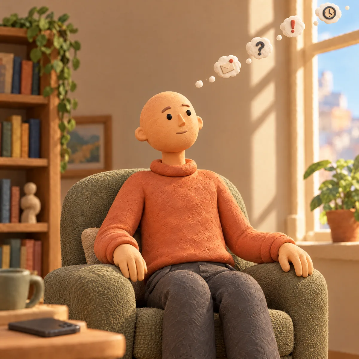 A clay figure in the same room, phone set down, calmly looking out the window, the thought bubbles drifted off small into an upper corner