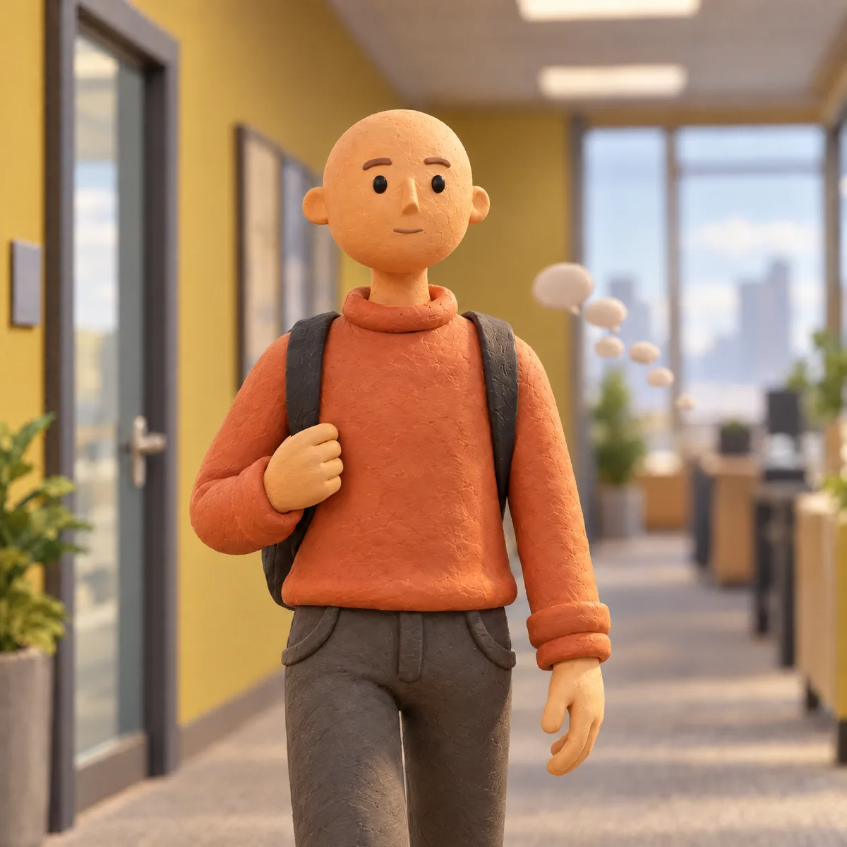A clay figure walking calmly forward down the same hallway, the speech bubble pieces drifted off small behind