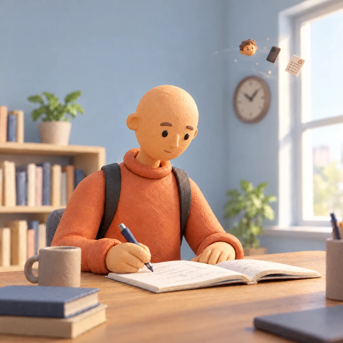 A clay figure calmly focused on a workbook at the same desk, the floating pieces drifted off small toward the window