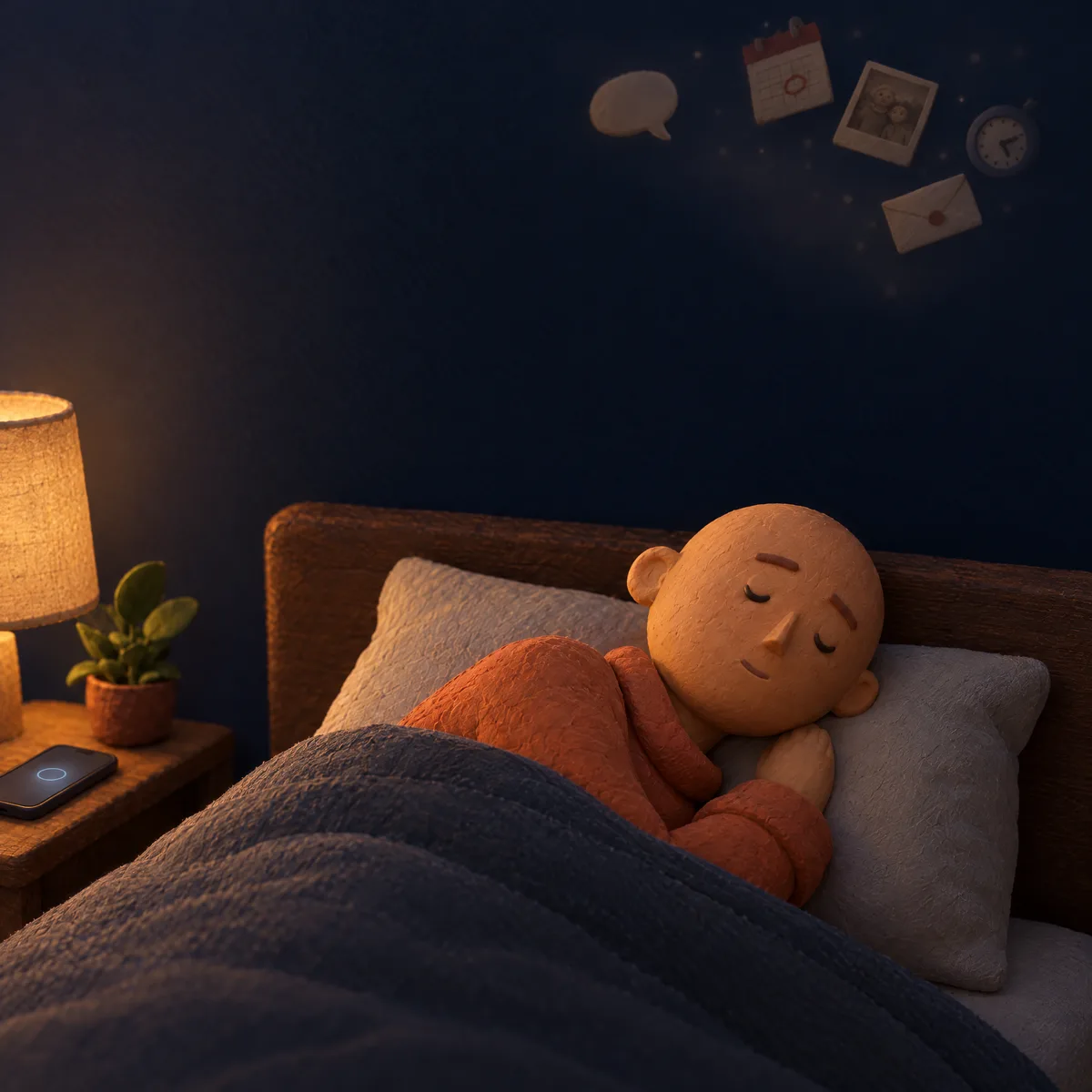A clay figure asleep on their side, eyes closed, in the same bedroom, the floating pieces drifted off small into a corner of the ceiling